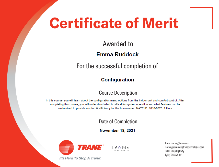 Emma Ruddock | Trane HVAC Configuration Course | Las Vegas Mechanical